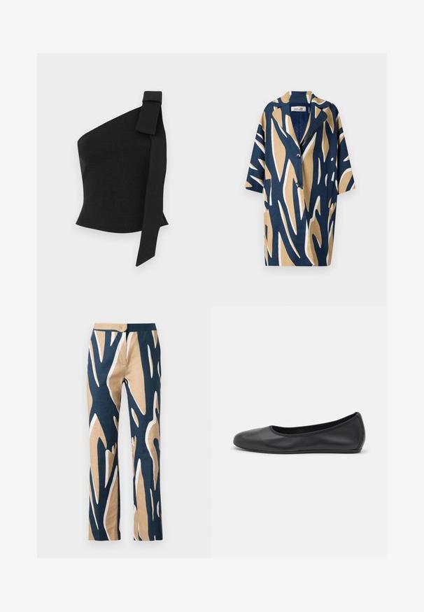 Camicia a maniche corte con un audace motivo astratto nei toni del blu navy, beige e bianco, dal taglio rilassato e colletto a V. Due tasche anteriori.; Top asimmetrico nero realizzato in tessuto testurizzato; presenta un dettaglio a fiocco sulla spalla sinistra e una vestibilità aderente.; Pantaloni a gamba larga in navy, beige e bianco con motivo grafico. Realizzati in tessuto leggero con una texture liscia e vita sagomata.; Pantofole da balletto nere in pelle con punta arrotondata, texture liscia, dettagli di cucitura minimi e design con suola flessibile.