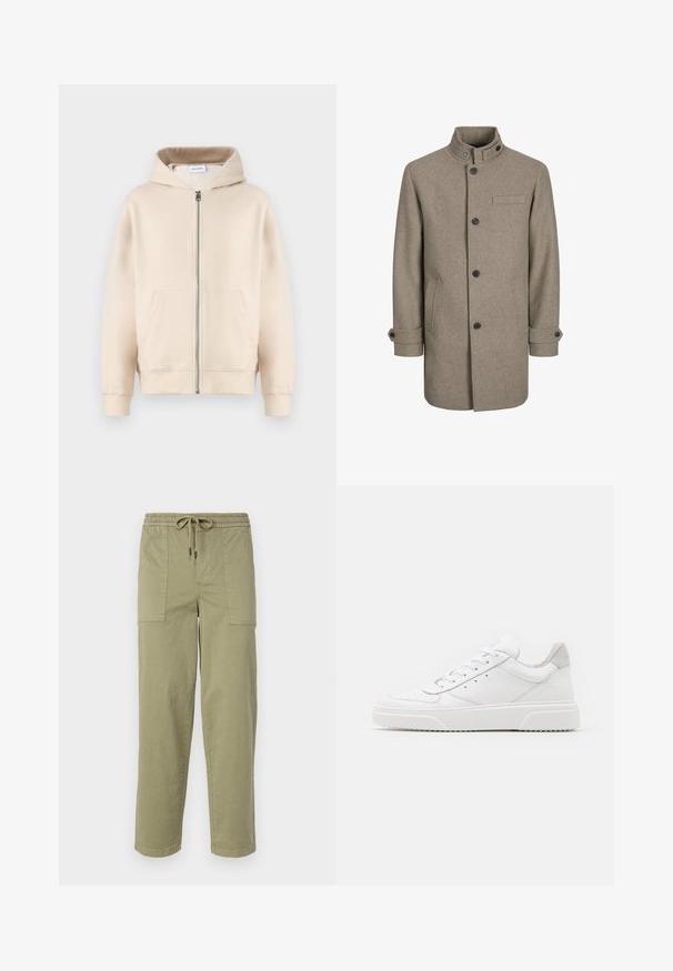Cappotto di lana marrone con colletto alto, chiusura a bottoni, due tasche laterali e una tasca sul petto. Presenta bottoni neri e polsini arrotolati.; Felpa con cappuccio beige dotata di zip completa, due tasche frontali, polsini e orlo a costine. Realizzata in un tessuto morbido e confortevole.; T-shirt bianco in cotone con maniche corte, collo rotondo e una grafica rossa con il testo "FRUTTA DELIZIOSA E RINFRESCANTE" sul davanti.; Pantaloni verde oliva chiaro realizzati in tessuto misto cotone, con una vita elasticizzata e cordoncino, e due ampie tasche laterali.; Sneaker bianche in pelle con finitura liscia, punta arrotondata, lacci piatti e suola texturizzata. Accento in suede grigio sul tallone.