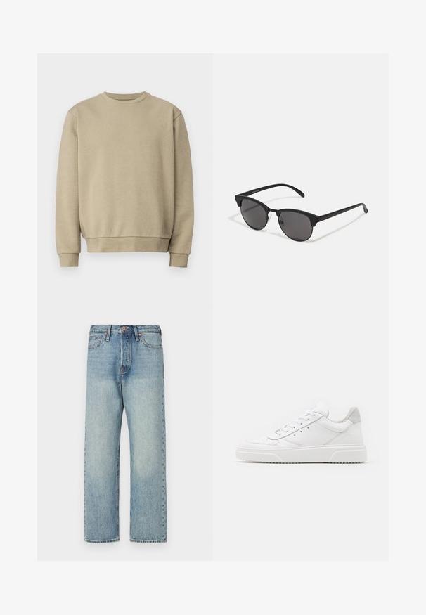 Ruskea villa takki, jossa on korkea kaulus, napitus, kaksi sivutaskua ja rintatasku. Varustettu mustilla nippeleillä ja käärittyjä hihoja.; Beige huppari, jossa on pyöreä pääntie, ribbireunat hihansuissa ja helmassa. Valmistettu pehmeästä kankaasta, jossa on sileä pinta ja minimalistinen muotoilu.; Valkoinen puuvillapaita, jossa on lyhyet hihat, pyöreä kaula-aukko ja etupuolella punainen grafiikkateksti "HERKULLINEN RAJAAKASI HEDELMÄ".; Vaaleansiniset farkut suoran lahkeen muotoilulla, viidellä taskulla ja pronssinvärisillä yksityiskohdilla. Vähäistä haalistumista ja siisti viimeistely.; Valkoiset nahkakengät, joissa on sileä pinta, pyöreä kärki, litteät nauhat ja teksturoitu pohja. Harmaa mokkanahka korostaa kantapäätä.; Mustat aurinkolasit pyöreillä linsseillä, matalla pinnalla ja erottuvalla kissamaisella muodolla. Kapeat taitteet, joissa on huomaamaton brändäys vasemmassa temppeleissä.