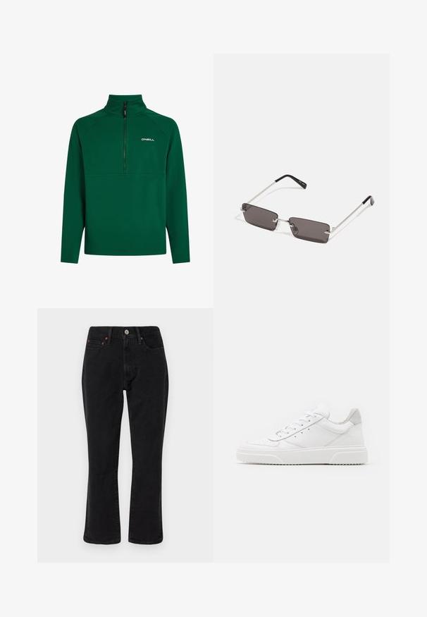 Brown wool coat with a high collar, button closure, two side pockets, and a chest pocket. Features black buttons and rolled cuffs.; Green fleece pullover with a half-zip collar, featuring a reinforced seam design and a logo on the left chest. Soft texture. Long sleeves.; White cotton t-shirt featuring short sleeves, crew neck, and a red graphic text "DELICIOUS REFRESHING FRUIT" on the front.; Black denim jeans featuring a straight leg design, five-pocket style, and metal hardware with copper accents. Smooth texture and medium rise.; White leather sneakers with a smooth finish, rounded toe, flat laces, and a textured sole. Grey suede accent at the heel.; Sunglasses with rectangular, dark grey lenses, silver metal frames, and black plastic tips on the arms. Lightweight design with nose pads.