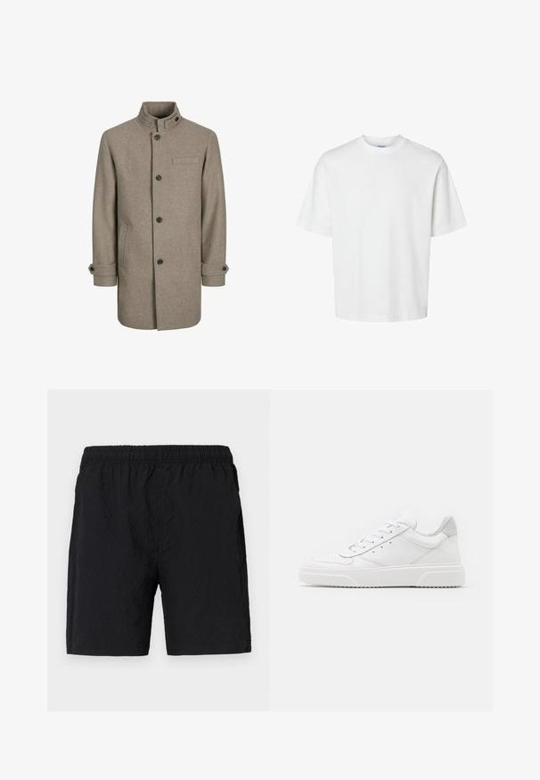 Rjav volnen plašč z visokim ovratnikom, zapiranje na gumb, dvema stranskima žepoma in žepom na prsih. Ima črne gumbe in zavihane manšete.; Bela bombažna majica s kratkimi rokavi, okroglo izrezana in udobnega kroja. Gladka tekstura brez vidnih vzorcev ali dekoracij.; Črne kopalne hlače iz teksturirane tkanine, ki imajo elastičen pas in stranske žepke, z ohlapnim krojem.; Bele usnjene športne copate z gladkim zaključkom, okroglo konico, ravnimi vezalkami in teksturiranim podplatom. Sivi semiš detajl na peti.