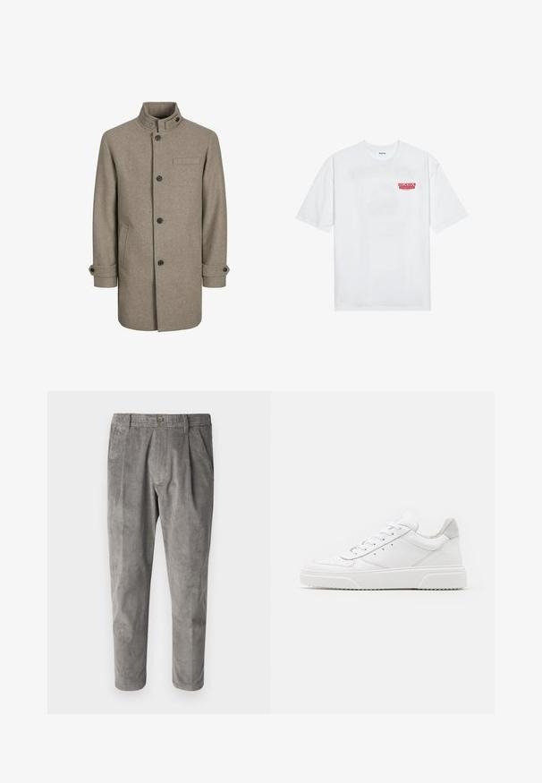 Brown wool coat with a high collar, button closure, two side pockets, and a chest pocket. Features black buttons and rolled cuffs.; White cotton t-shirt featuring short sleeves, crew neck, and a red graphic text "DELICIOUS REFRESHING FRUIT" on the front.; Gray corduroy trousers with a textured vertical stripe pattern, featuring a button closure and two side pockets. Tailored fit and cropped length.; White leather sneakers with a smooth finish, rounded toe, flat laces, and a textured sole. Grey suede accent at the heel.