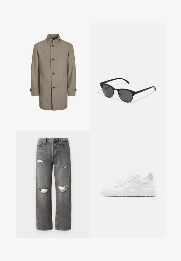 Pruun villane mantel kõrge krae, nööpide kinnituse, kahe küljetasku ja ühetasku rinnal. Omab musti nööpe ja keeratud varrukaid.; Valge puuvillane T-särk, millel on lühikesed varrukad, ümmargune kaelus ja esiküljel punane graafiline tekst "MAITSVA KONDISIOONIGA PUUVILI".; Hallid denim teksased, mis on lõdva istuvusega, põlvede lõhikud ja klassikaline viie tasku disain, lisaks lukuga sulgemine.; Valged nahast spordijalatsid siledast nahast viimistlusega, ümarate varvastega, lamekestega ja tekstuuriga tallaga. Hall suede aktsent kanna juures.; Mustad prillid ümmarguste läätsedega, mati viimistlusega ja iseloomuliku kassisilma kujuga. Peened sangad, millel on vasakul templil diskreetne brändingu märk.