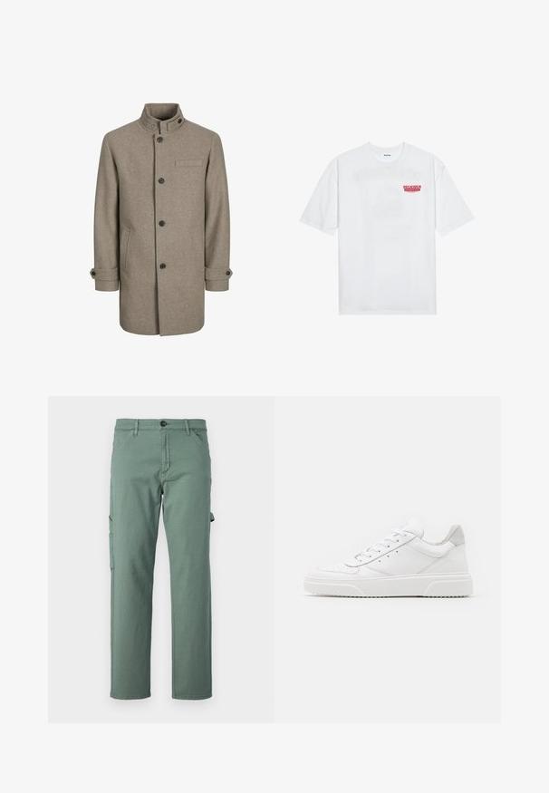 Palton din lână maro, cu guler înalt, închidere cu nasturi, două buzunare laterale și un buzunar pe piept. Dispune de nasturi negri și manșete răsucite.; Tricou alb din bumbac, cu mâneci scurte, guler rotund și un text grafic roșu "FRUCTE DELICIOASE ȘI RACORITOARE" pe față.; Pantaloni cargo verzi dintr-un material durabil, cu un design drept al picioarelor, buzunare laterale și închidere cu nasture. Textură netedă și stil minimalist.; Adidași din piele albă cu un finisaj neted, vârf rotunjit, șireturi plate și o talpă texturată. Accente din piele întoarsă gri la călcâi.