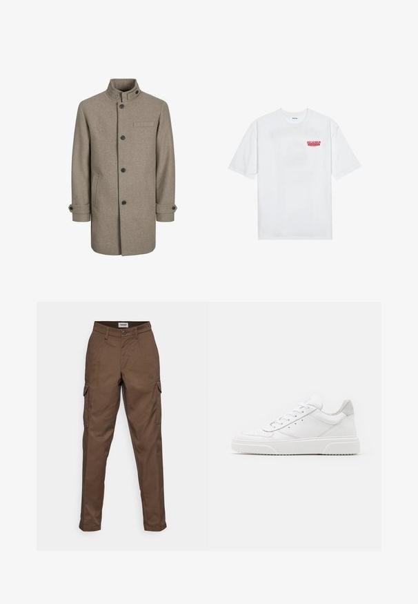 Brauner Wollmantel mit hohem Kragen, Knopfverschluss, zwei Seitentaschen und einer Brusttasche. Mit schwarzen Knöpfen und aufgeschlagenen Manschetten.; Weißes Baumwoll-T-Shirt mit kurzen Ärmeln, Rundhalsausschnitt und einem roten grafischen Text "LECKERER ERFRISCHENDER FRUCHT" auf der Vorderseite.; Braune Cargo-Hose mit flacher Vorderseite, zwei Seitentaschen und einer einzelnen Cargotasche am linken Bein. Hergestellt aus strapazierfähigem Material im geraden Bein-Design.; Weiße Leder-Sneaker mit glatter Oberfläche, rundem Zehenbereich, flachen Schnürsenkeln und strukturiertem Schuhsohlen. Graues Wildleder-Detail an der Ferse.