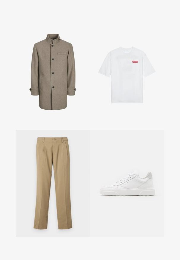 Brūns vilnas mētelis ar augstu apkakli, pogu aizdari, divām sānu kabatām un krūšu kabatu. Iezīmējas ar melnām pogām un sarullētām piedurknēm.; Balta kokvilnas T-kreklu ar īsām piedurknēm, apaļu kakla izgriezumu un sarkanu grafisku tekstu "GARDI ATSPIRDZINOŠI AUGĻI" priekšpusē.; Gludas bikses, izgatavotas no gluda auduma, ar divām priekšējām krokām, pogu aizdari un taisnām kājām ar tīru apdari.; Baltie ādas sporta apavi ar gludu virsmu, noapaļotu purngalu, plakaniem šņorēm un reljefa zoli. Pelēks zamšādas akcenti pie papēža.