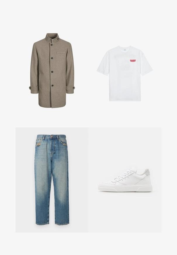 Palton din lână maro, cu guler înalt, închidere cu nasturi, două buzunare laterale și un buzunar pe piept. Dispune de nasturi negri și manșete răsucite.; Tricou alb din bumbac, cu mâneci scurte, guler rotund și un text grafic roșu "FRUCTE DELICIOASE ȘI RACORITOARE" pe față.; Jeans din denim de culoare albastru deschis, cu croi drept, finisaj uzat, deteriorări la buzunare și margini desfăcute. Design cu cinci buzunare și închidere cu buton.; Adidași din piele albă cu un finisaj neted, vârf rotunjit, șireturi plate și o talpă texturată. Accente din piele întoarsă gri la călcâi.