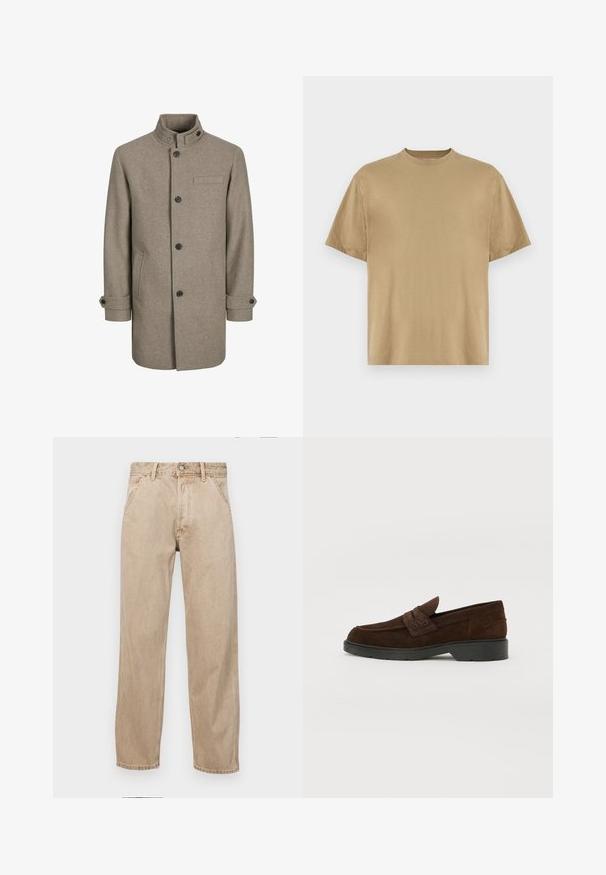 Brūns vilnas mētelis ar augstu apkakli, pogu aizdari, divām sānu kabatām un krūšu kabatu. Iezīmējas ar melnām pogām un sarullētām piedurknēm.; Khaki krāsas īsu piedurkņu T-krekls, izgatavots no mīkstas auduma, ar apaļu dekoltē un brīvu piegriezumu. Nav redzami raksti vai grafiki.; Beige džinsi ar taisnu kāju dizainu, ar priekšējiem kabatām, metāla pogu aizdari un smalku faktūru.; Brūni zamša loaferi ar noapaļotu purngalu un izturīgu melnu gumijas zoli. Iekļauta dekoratīva josta un dūrieni augšdaļā.
