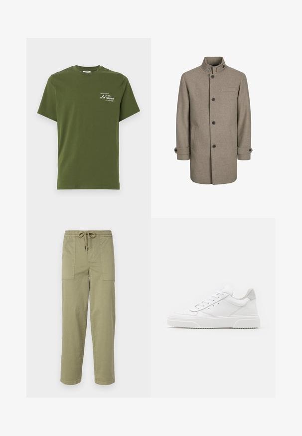 Ruskea villa takki, jossa on korkea kaulus, napitus, kaksi sivutaskua ja rintatasku. Varustettu mustilla nippeleillä ja käärittyjä hihoja.; Oliivinvihreä puuvillainen t-paita, jossa on lyhyet hihat, pyöreä kaula-aukko ja valkoista painettua tekstiä vasemmassa rinnassa. Sujuva tekstuuri, rento muotoilu.; Vaaleanoliivinvihreät housut, jotka on valmistettu puuvillasekoitteesta. Housuissa on joustava vyötärö, joka sisältää nyörin, sekä kaksi suurta sivutaskua.; Valkoiset nahkakengät, joissa on sileä pinta, pyöreä kärki, litteät nauhat ja teksturoitu pohja. Harmaa mokkanahka korostaa kantapäätä.