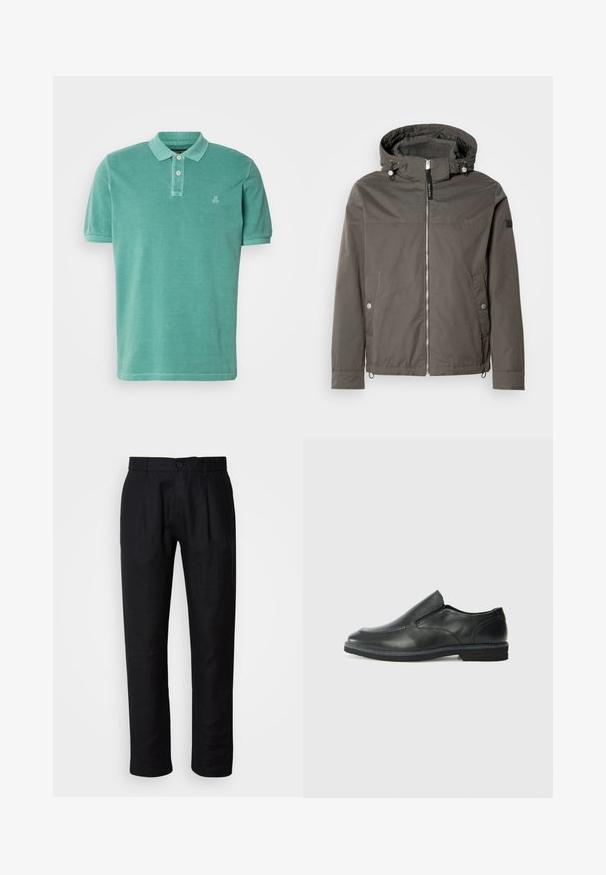 Šedá voděodolná bunda s kapucí, předním zipovým uzávěrem, dvěma bočními kapsami a stahovacími lemy. Hladká textura, minimalistický design.; Poloko v barvě teal, vyrobené z bavlny s klasickým límcem, dvoubarevným zapínáním na knoflíky a malým logem na levé straně hrudi.; Černé kalhoty rovného střihu s poutky na pásek, předním zapínáním na knoflík a bočními kapsami, vystavené na světlém pozadí.; Černá kožená nazouvací bota s hladkým svrškem, prošívanými detaily, zaoblenou špičkou a nízkým gumovým podpatkem. Podešev má minimální vzorek.