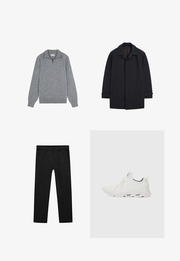 Zwarte trenchcoat van een gladde stof. Voorzien van een brede kraag, sluiting met knopen aan de voorkant en twee zijzakken. Lange mouwen met knopenmanchetten.; Grijze trui met een ritskraag, gemaakt van zacht breimateriaal. Voorzien van lange mouwen en een subtiel logo op de borst.; Zwarte katoenen broek met een rechte pijp, voorzakken en een klassieke knoopsluiting met een ritssluiting. Soepele textuur, nauwsluitende pasvorm.; Witte sportieve schoenen met een gestructureerde gebreide bovenkant, platte veters en een gevoerde zool met zichtbare luchtkamers voor extra ondersteuning.