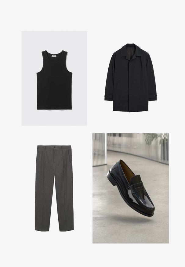Black trench coat made of a smooth fabric. Features a wide collar, front button closure, and two side pockets. Long sleeves with button cuffs.; Black cotton tank top with a ribbed texture, featuring a round neckline and wide armholes. Label visible at the neck.; Gray, tailored trousers made of textured fabric. Features a button closure, two front pockets, and a straight-leg design.; Black patent leather loafer with a stitched accent, round toe, low heel, and smooth surface, displayed against a neutral background.