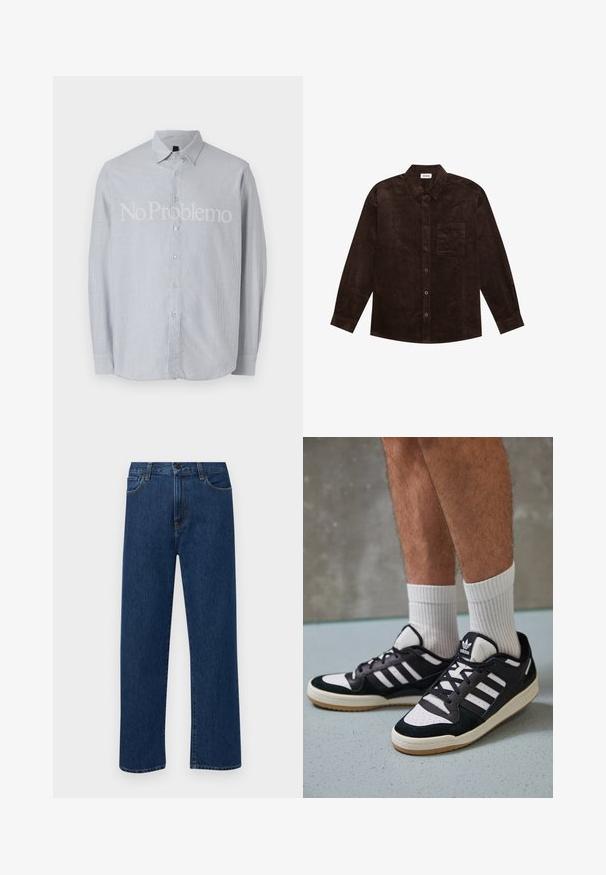 YOURTURN UNISEX - Chaqueta de entretiempo - brown; Camisa de manga larga a rayas azul claro con cuello abotonado, que presenta un prominente texto blanco "No Problemo" en el frente.; Jeans de denim de pierna recta en azul oscuro con bolsillos delanteros y cierre de botón, exhibidos sobre un fondo blanco liso.; Zapatillas en blanco y negro con parte superior de ante y cuero, que presentan tres franjas blancas, una puntera perforada y una suela de goma.