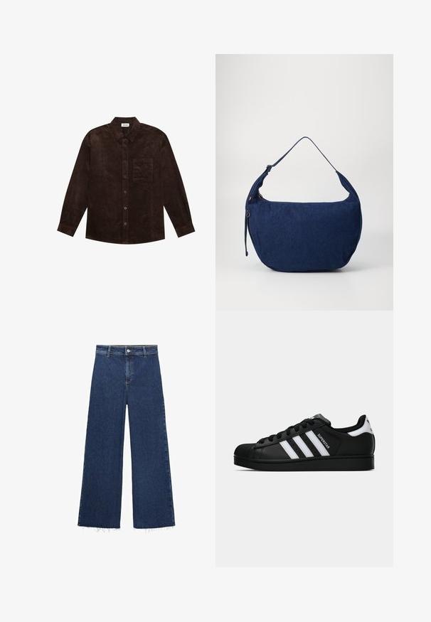 YOURTURN UNISEX - Jas - brown; Witte katoenen tanktop met brede schouderbanden, een ronde halslijn en een gladde, geribbelde textuur. Geen patronen of accenten aanwezig.; Donkerblauwe wijde spijkerbroek gemaakt van denim, met een hoge taille, knoopsluiting en een rafelige zoom aan de onderkant. Gladde textuur.; Zwarte Adidas Superstar sneaker met witte strepen, schelpneus en 'Superstar' tekst aan de zijkant, afgebeeld in zijaanzicht op een witte achtergrond.; Blauwe leren schoudertas met een gebogen vorm, verstelbare schouderband, ritsluiting en een subtiele textuur. Heeft een minimalistisch ontwerp en geen zichtbare hardware.