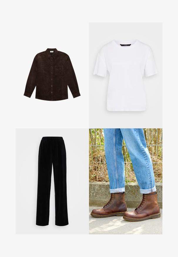 YOURTURN UNISEX - Casaco leve - brown; T-shirt branco de manga curta feito de algodão. Apresenta um decote redondo e um corte descontraído, com um design simples e sem padrões ou acentos visíveis.; Calças largas, pretas, de perna longa, feitas de um tecido macio e aveludado, com um cós elástico. Textura suave e cor sólida, sem padrões ou detalhes visíveis.; Botas de cano baixo castanhas em couro com uma textura suave, oito ilhós e pespontos amarelos, combinadas com jeans de denim azul enrolados.