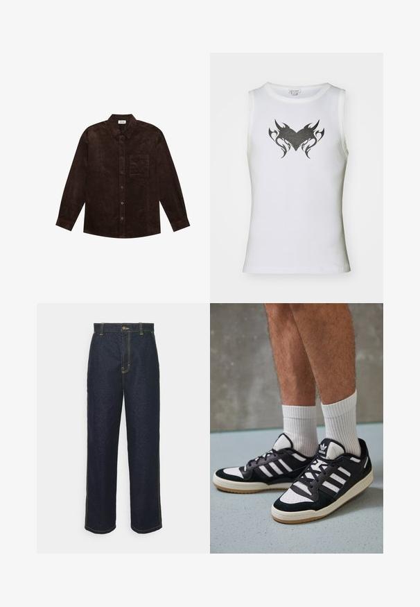 YOURTURN UNISEX brązowy; Biała, bezrękawnikowa bluzka wykonana z bawełny, z czarnym, plemiennym wzorem serca na środku. Posiada okrągły dekolt i ryflowaną fakturę.; Szerokie dżinsy w ciemnym kolorze z żółtymi przeszyciami, z zapięciem na guziki z przodu oraz kieszeniami po bokach. Gładka tekstura i tradycyjny krój.; Czarno-białe sneakersy z zamszową i skórzaną cholewką, z trzema białymi paskami, perforowanym czubkiem i gumową podeszwą w kolorze gumy.