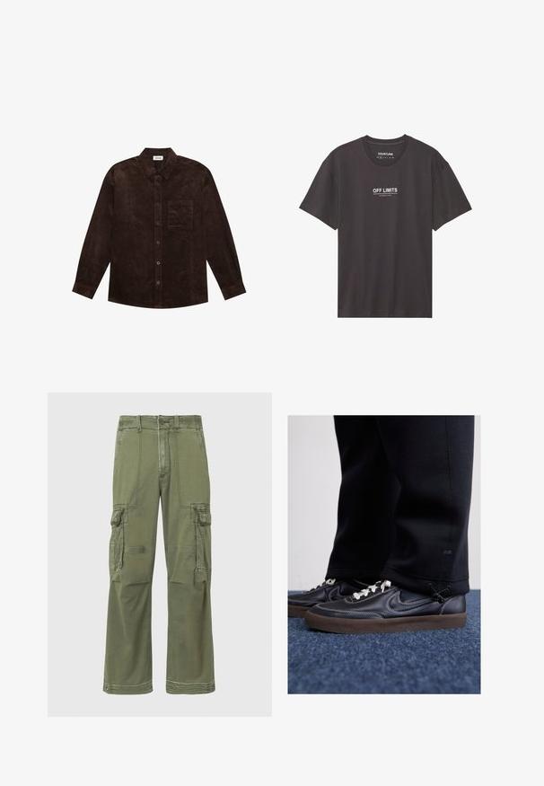 YOURTURN UNISEX - Ελαφρύ μπουφάν - brown; Μαύρο κοντομάνικο μπλουζάκι φτιαγμένο από βαμβάκι με στρογγυλή λαιμόκοψη. Φέρει λευκό κείμενο "OFF LIMITS" και "DANGEROUS AREA" τυπωμένο μπροστά.; Λαδί cargo παντελόνι με χαλαρή εφαρμογή, που διαθέτει πολλές πλαϊνές τσέπες, ραφές και κλείσιμο με κουμπί στη μέση.; Nike Sportswear KILLSHOT 2 LTR PRM OPP2 - Αθλητικά παπούτσια - black sail baroque brown mtlc dk grey