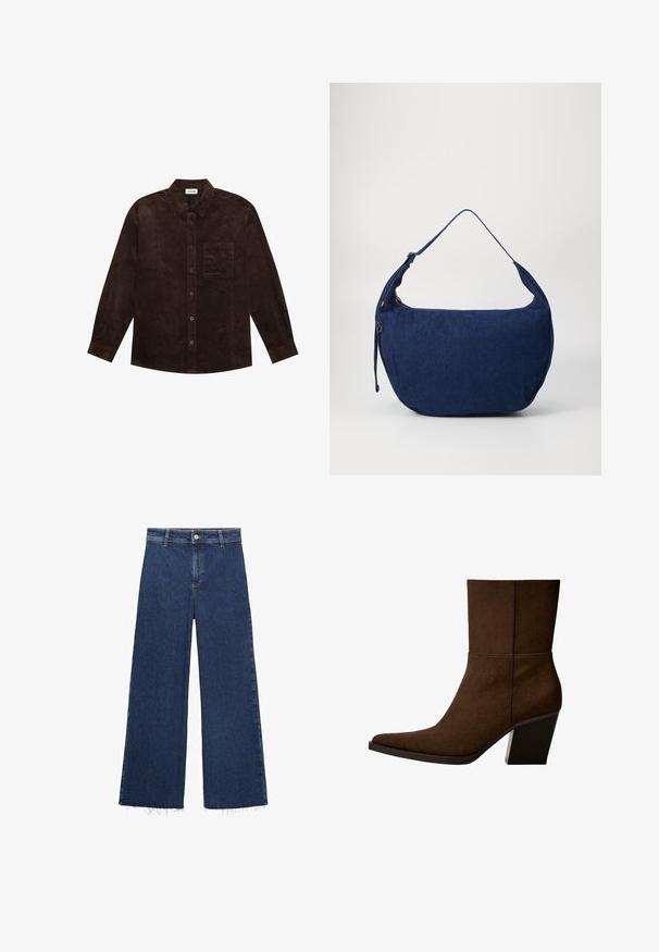 YOURTURN UNISEX - Jachetă subțire - brown; Top din bumbac alb cu nervuri, având un logo brodat negru centrat pe piept. Decolteul și brațele sunt terminate cu o margine subtilă.; Jeans largi de culoare albastră închisă, realizati din denim, având talie înaltă, închidere cu nasture și margine desfăcută la bază. Textură netedă.; Boots de gleznă din suede maro, cu vârf ascuțit și toc gros, având un design minimalist și o textură netedă, pe un fundal alb.; Geantă de umăr din denim albastru, cu o formă curbată, curea ajustabilă, închidere cu fermoar și o textură subtilă. Prezintă un design minimal și fără hardware vizibil.