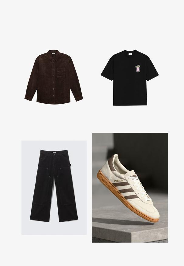 YOURTURN UNISEX - Casaco leve - brown; T-shirt preta de algodão com um gráfico colorido no lado esquerdo do peito, retratando um urso de peluche e texto estilizado, com mangas curtas e gola redonda.; Calças de veludo cotelê largas e pretas, com grandes bolsos frontais e laços para cinto, apresentando um fecho com botão e zipper.; Sapatilhas brancas em camurça com detalhes em pele castanha, três riscas castanhas e atacadores brancos. Apresenta uma sola de borracha texturizada e um logo dourado "SPEZIAL".