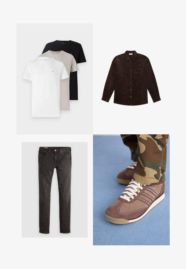 YOURTURN UNISEX - Ľahká bunda - brown; Tričko s okrúhlym výstrihom v bielej, béžovej a čiernej farbe, vyrobené z mäkkej bavlny, s malým logom na hrudi v každej farbe.; Čierne denimové džínsy so slim fit strihom, s dizajnom piatich vreciek, mosadzným gombíkom a jemnou textúrou. Žiadne viditeľné vzory alebo ďalšie zdobenia.; Hnedé semišové tenisky s bielymi šnúrkami a svetlými akcentmi, ktoré majú po stranách tri pruhy a textúrovanú gumovú podrážku.