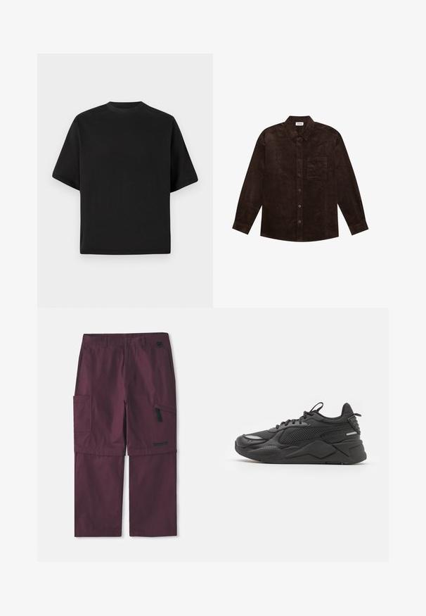 YOURTURN UNISEX - Lagana jakna - brown; Crna majica kratkih rukava u slobodnom kroju, izrađena od glatkog pamuka, s okruglim izrezom i minimalističkim dizajnom.; Burgundijske konvertibilne cargo hlače sa bočnim džepom na munje i Timberland logotipom na desnoj nozi, prikazana produžena unutarnja šava.; Crne tenisice s teksturiranom gornjom površinom, koje sadrže mrežaste i sintetičke materijale, debelim potplatom i reflektirajućim detaljima za vidljivost.