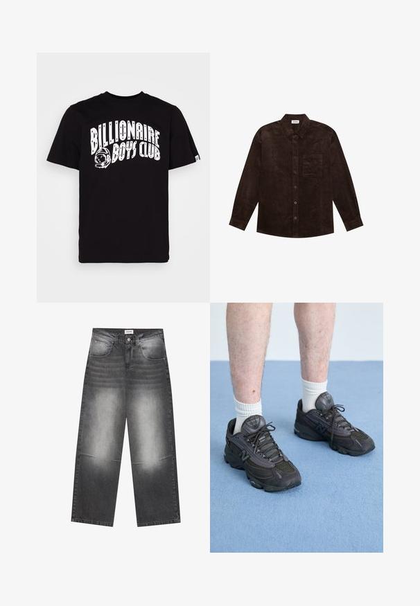 YOURTURN UNISEX - Välikausitakki - brown; Billionaire Boys Club ARCH LOGO - Printtipaita - black; Lahti mustat farkut, joissa on leveä lahje ja haalistunut harmaa viimeistely, edessä taskut, napitus ja lievää kulumista polvissa.; Musta New Balance 1000 -kengät, joissa on teksturoitua verkkokangasta ja mokkapaneeleja, pehmustettu pohja ja harmaat yksityiskohdat; käytetään valkoisten ribattujen nilkkasukkien kanssa.