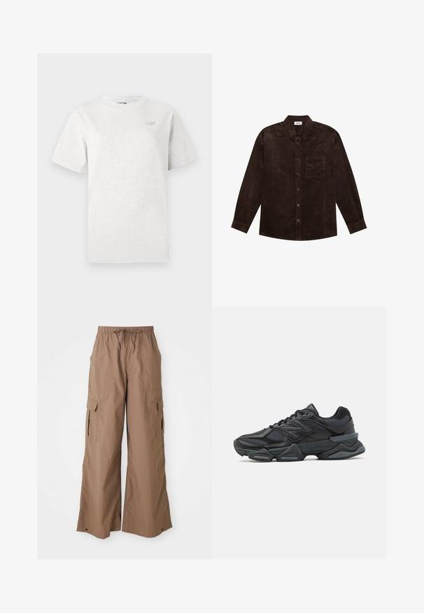 YOURTURN UNISEX - Lengva striukė - brown; Pilkas trumpomis rankovėmis marškinėliai, pagaminti iš minkštos medvilnės, su apvaliu iškirpimu ir mažu logotipu kairėje krūtinės pusėje.; Rudos, laisvai krentančios cargo kelnės su raišteliu juosmenyje ir šoninėmis kišenėmis su užklotais, plačios kojos dizainas, rodoma prieš baltą foną.; Juodas bėgimo batelis, pagamintas iš tinklinės ir sintetinės medžiagos, turintis stambų pado dizainą, kreivą formą ir ryškią prekės ženklą šone.