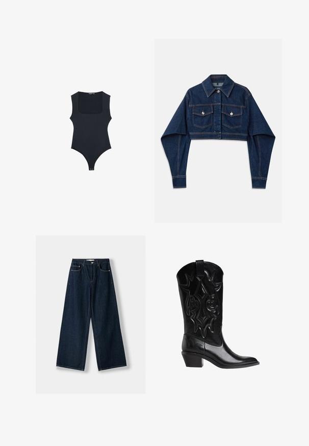 Tmavě modrá zkrácená džínová bunda s dlouhými rukávy, dvěma náprsními kapsami a stříbrnými knoflíky. Obsahuje kontrastní oranžové švy.; Černý body s hranatým výstřihem, bez rukávů a s tangy na zádech. Vyrobeno z hladké, elastické látky. Obsahuje patentek na spodní části.; Tmavě modré široké džíny vyrobené z denimu. Mají pět kapes, zapínání na knoflík a zip a kontrastní šití.; Černý kožený kovbojský boty s vyšitými dekorativními vzory, špičatou špičkou, středně vysokým zkoseným podpatkem a poutkem na vrchu holeně.