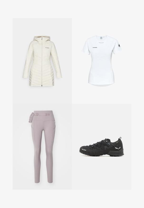 Hvid puffjakke med hætte, der har et quiltet design og skrå syninger, frontlynlås og Columbia-logo på brystet.; Kortærmet hvid sportsshirt med rund hals, prydet med et logo på brystet og en glat, let stofstruktur.; Nike Performance TRAIL GO - Løbetights - light violet ore/taupe grey; Sorte vandresko med en tekstureret stofoverdel, snøresystem og robust gummisål. Accenteret med reflekterende detaljer og logoer.