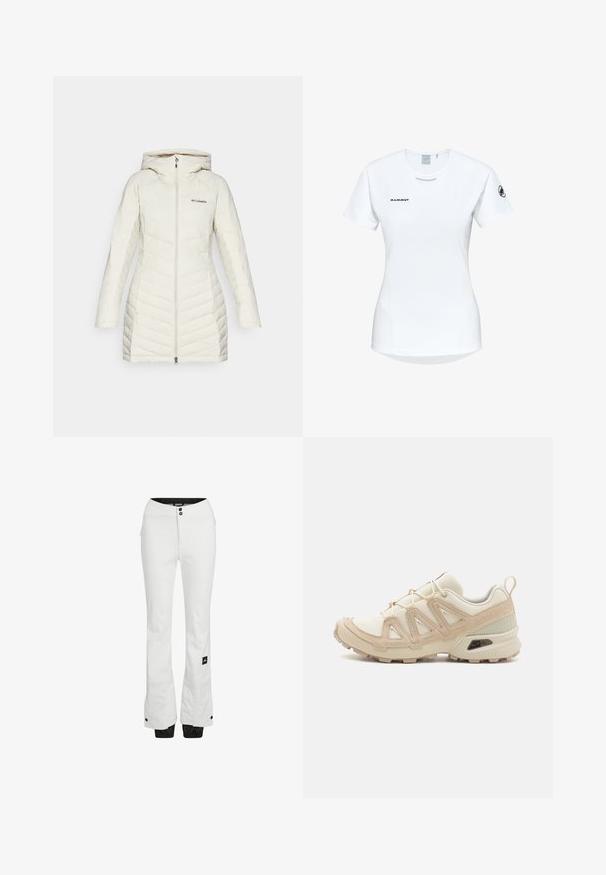 Giacca a vento bianca con cappuccio, caratterizzata da un design trapuntato e motivi a cucitura diagonale, chiusura frontale con zip e logo Columbia sul petto.; Maglietta atletica bianca a maniche corte con colletto rotondo, dotata di un logo sul petto e una texture di tessuto liscia e leggera.; Pantaloni da sci bianchi realizzati in un tessuto resistente all'acqua con una texture liscia. Presentano due bottoni neri in vita e tasche con cerniera.; Scarpa atletica beige e crema con tomaia in mesh testurizzato, sovrapposizioni supportive e suola in gomma con un motivo a tasselli per la trazione.