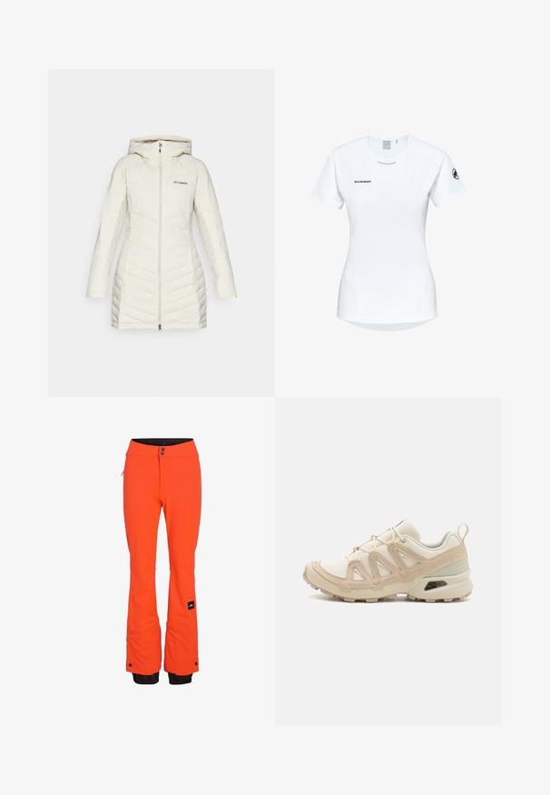 Weißer Pufferjacke mit Kapuze, ausgestattet mit einem gesteppte Design und diagonalen Nahtmustern, Vorderreißverschluss und Columbia-Logo auf der Brust.; Kurzärmliges weißes Sportshirt mit Rundhalsausschnitt, das ein Logo auf der Brust und eine glatte, leichte Stofftextur aufweist.; Helle orangene Skihosen mit schlankem Schnitt, ausgestattet mit einer Reißverschlusstasche, verstärkten Säumen und verstellbaren Bundknöpfen. Schwarze Innenauskleidung.; Beige und cremefarbenen Sportschuh mit strukturiertem Mesh-Obermaterial, unterstützenden Überzügen und Gummisohle mit einem Profilmuster für Bodenhaftung.