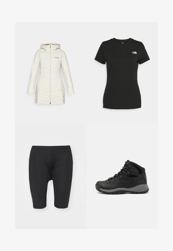 Biała kurtka puchowa z kapturem, zpikowanym wzorem i ukośnymi szwami, z zamknięciem na zamek z przodu i logo Columbia na piersi.; Czarna bawełniana koszulka z okrągłym dekoltem i krótkimi rękawami. Wyróżniające się białe logo na górnej lewej stronie. Gładka tekstura, luźny krój.; Czarne szorty rowerowe z elastycznego materiału. Charakteryzują się dopasowanym krojem, elastycznym paskiem w talii oraz przeszyciami wzdłuż nóg. Zawierają mały detal w postaci logo.; Czarne buty trekkingowe z średnim cholewem, z teksturowaną cholewą, szarymi akcentami oraz trwałą gumową podeszwą z wypustkami zapewniającymi przyczepność.