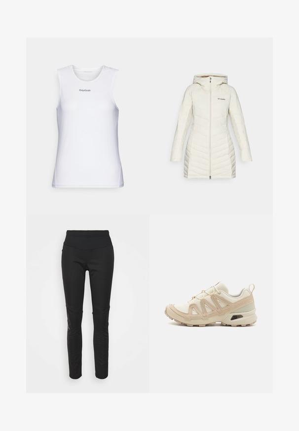 Jachetă pufoasă albă cu glugă, având un design cusut și modele de cusături diagonale, închidere cu fermoar frontal și logo-ul Columbia pe piept.; Top sportiv fără mâneci, de culoare albă, cu un design din plasă texturată. Dispune de un guler rotund și logo-ul "GripGrab" în gri pe piept.; Leggings negre de sport cu talie înaltă, textură netedă, detaliu cu logo și accente pe panourile laterale pentru un interes vizual suplimentar.; Pantofii sport bej și crem au un superior din plasă texturată, suprapuneri de susținere și o talpă din cauciuc cu un model de profil pentru aderență.