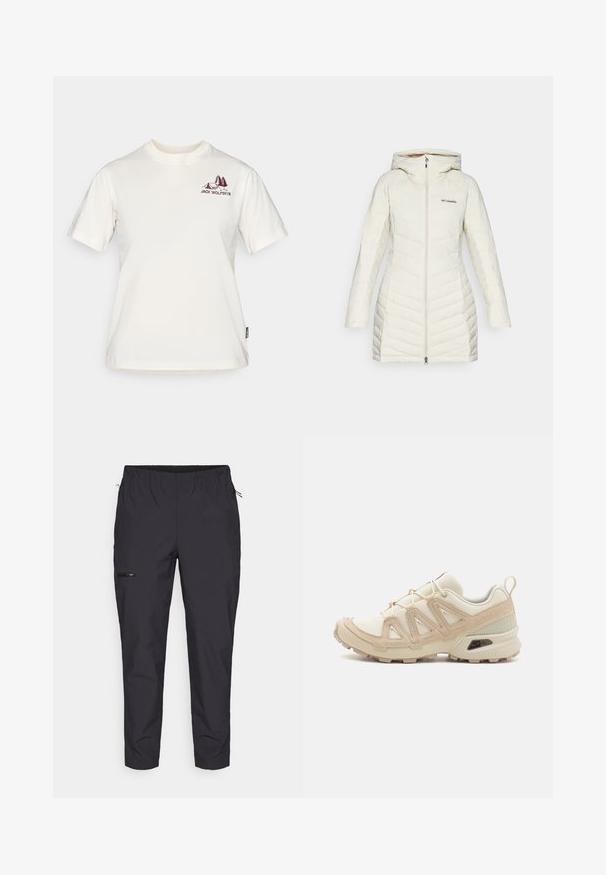 Hvit pufferjakke med hette, med en quiltet design og diagonale sømmer, frontlomme med glidelås, og Columbia-logo på brystet.; Jack Wolfskin CADENA - T-shirts med print - white; Jack Wolfskin PRELIGHT TRAIL - Friluftsbukser - black; Beige og krem joggesko med teksturert mesh-overdel, støttende overlegg og gummisåle med et mønster for godt grep.