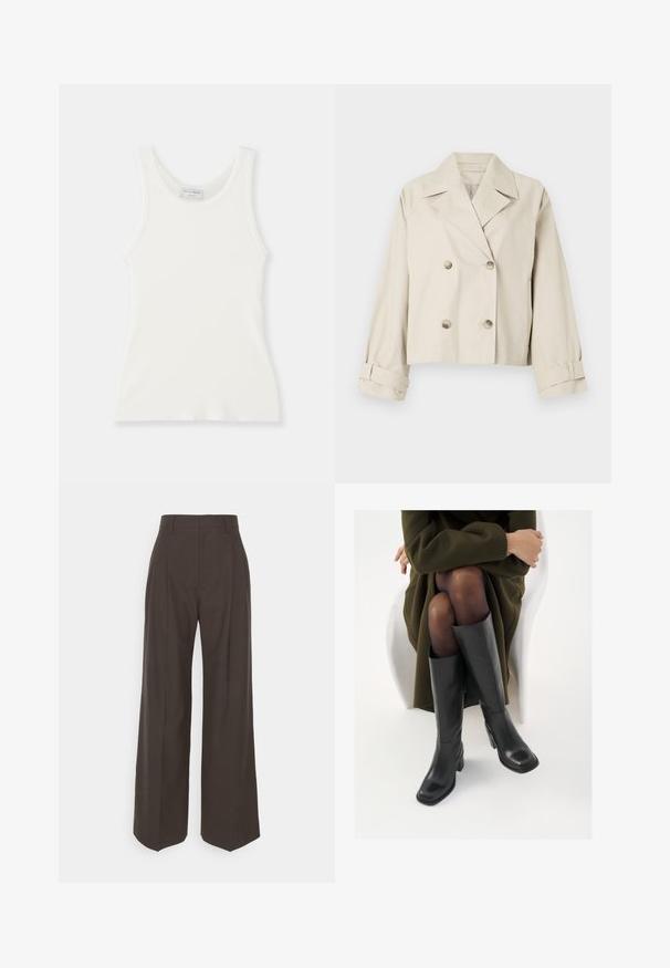 Beige cropped jacket with a double-breasted design, large lapels, and button accents. Features rolled cuffs and a smooth texture.; White ribbed tank top with a round neckline and wide shoulder straps, featuring a soft texture and a fitted silhouette.; Dark brown wide-leg trousers with a high waist, featuring neatly pressed creases, smooth texture, and a tailored fit.; Knee-high black leather boots with a squared toe and block heel, shown with a model seated in an olive green coat. Smooth texture, minimal detailing.