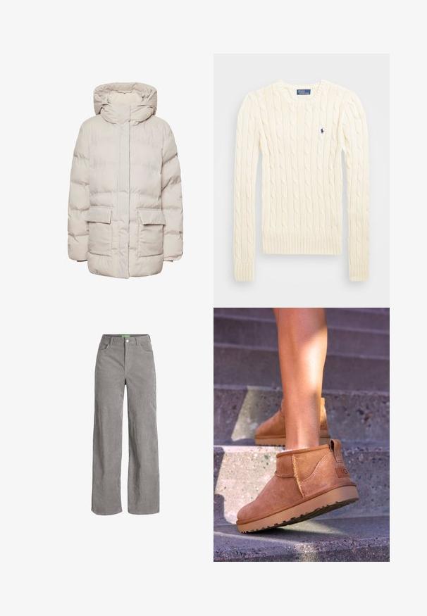 Pieces PCNORMA PUFFER - Zimski plašč - silver gray; Krem pulover s kablom in dolgimi rokavi, žebljarji na manšetah in ob robu, vsebuje majhen izvezen logotip na levem prsnem delu.; Sive široke hlače iz kordura z gumbom in zanke za pas. Imajo dve stranski žepi in mehak, strukturiran material.; Svetlosive nobuck gležnjarji z mehko teksturo, všitimi detajli in gumijastim podplatom, z zanko na peti za enostavno obuvanje.