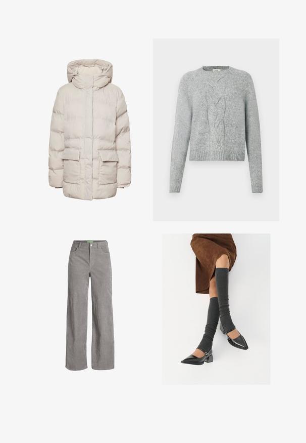 Pieces PCNORMA PUFFER - Zimski kaput - silver gray; Svijetlosivi pleteni pulover s dugim rukavima, okruglim izrezom i središnjim uzorkom pletenice sprijeda.; Sive hlače širokih nogavica od kordura s kopčanjem na gumb i petljama za remen. Imaju dva bočna džepa i mekan, teksturiran materijal.; Crne lakirane cipele s šiljastim prstima, blok-petom i remenom oko gležnja, uparene s sivim rebrastim čarapama do koljena i smešnom suknjom od antilopa.