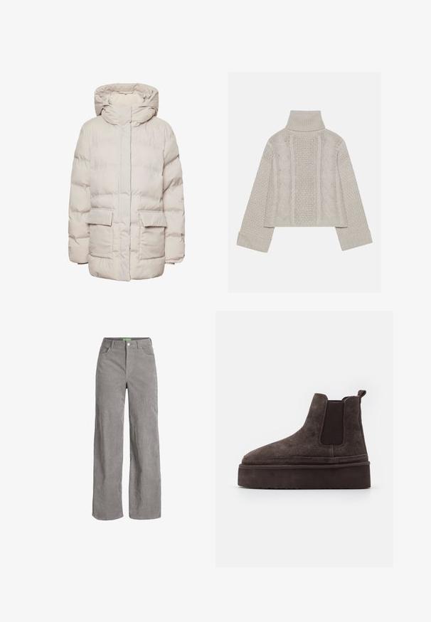 Pieces PCNORMA PUFFER - Vinterkåpe / -frakk - silver gray; Kuttet, lys grå strikkegenser med høy krage og ribbede mansjetter, med teksturerte kabelmønstre nedover baksiden og sidene.; Grå cordfløyelsbukser med vide ben, knappelukking og belteholdere. Har to sidelommer og et mykt, teksturert stoff.; Brune sømde Chelsea støvler med elastiske sidepaneler og en tykk, teksturert plattformsåle. Har en pull-tab bak for enkel påføring.