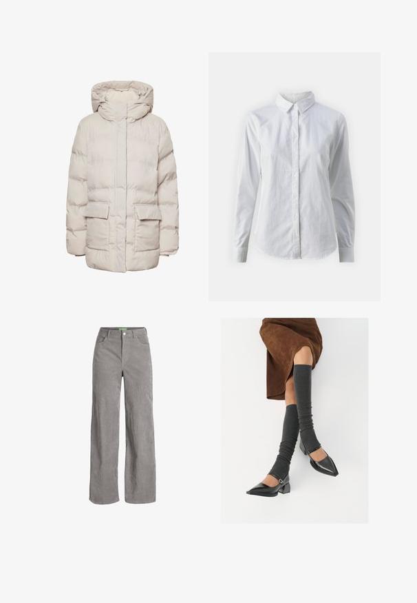 Pieces PCNORMA PUFFER JACKET - Manteau d'hiver - silver gray; Chemise blanche à manches longues en coton lisse, dotée d'un col classique et d'un ourlet arrondi. Les boutons sont petits et blancs.; Pantalons larges en velours côtelé gris avec une fermeture à bouton et des passants de ceinture. Comprend deux poches latérales et un tissu doux et texturé.; Chaussures à bout pointu en cuir verni noir avec un talon bloc et une bride à la cheville, accompagnées de jambières en maille grise et d'une jupe en daim marron.