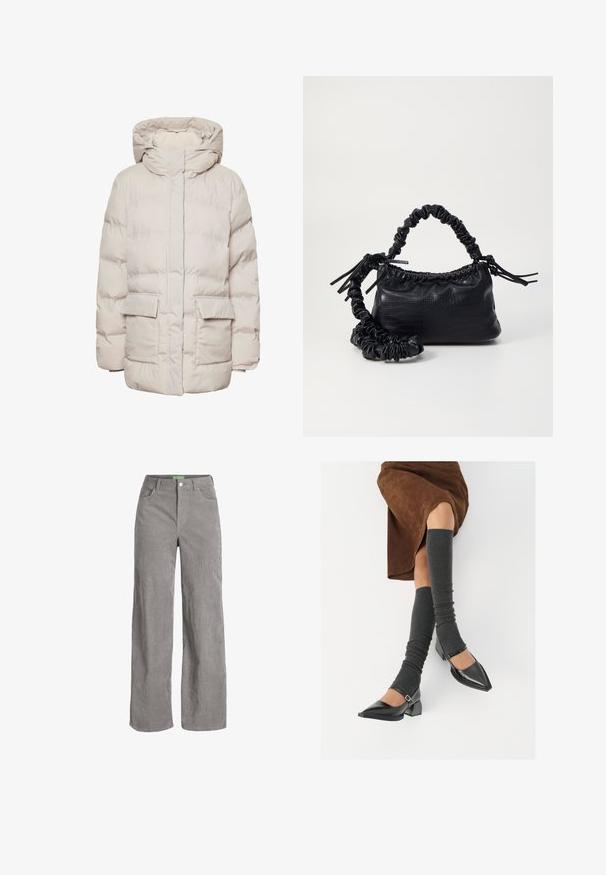 Pieces PCNORMA PUFFER JACKET - Manteau d'hiver - silver gray; Chemise blanche à manches longues en coton lisse, dotée d'un col classique et d'un ourlet arrondi. Les boutons sont petits et blancs.; Pantalons larges en velours côtelé gris avec une fermeture à bouton et des passants de ceinture. Comprend deux poches latérales et un tissu doux et texturé.; Chaussures à bout pointu en cuir verni noir avec un talon bloc et une bride à la cheville, accompagnées de jambières en maille grise et d'une jupe en daim marron.; Sac à main en simili cuir noir avec une texture crocodile, un dessus resserré et une sangle froncée. A l'apparence douce et compacte.