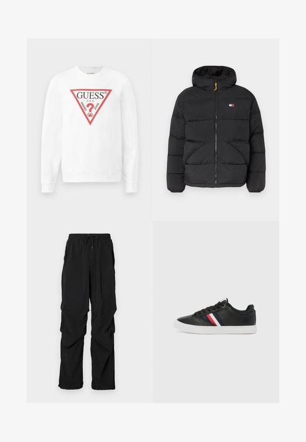 Jachetă puffer izolată, de culoare neagră, cu glugă, care dispune de închidere cu fermoar, două buzunare laterale și un mic patch cu logo pe piept. Fermoar accentuat în culoare galbenă.; Sweatshirt din bumbac alb, cu un logo triunghiular mare roșu pe care este scris "GUESS U.S.A." și "WASHED JEANS", precum și un icon cu semnul întrebării plasat central.; Pantaloni negri ușori cu talie elastică și șnur reglabil. Au buzunare laterale și o croială lejeră pentru confort.; Tommy Hilfiger ICON COURT STRIPES - Sneakers low - black
