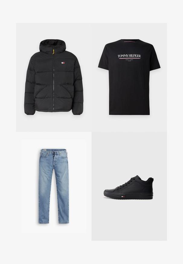 Czarna ocieplana kurtka puchowa z kapturem, z zapięciem na zamek błyskawiczny, dwiema bocznymi kieszeniami i małą naszywką z logo na piersi. Żółty akcent przy zamku.; Czarna bawełniana koszulka z krótkim rękawem z białym i kolorowym logo "TOMMY HILFIGER" oraz mniejszym tekstem "NEW YORK" i "1985" poniżej. Okrągły dekolt.; Jasnoniebieskie dżinsy w prostym kroju. Posiadają zapięcie na guziki, pięć kieszeni oraz lekko wybledzony materiał.; Czarne sneakersy za kostkę z górną częścią z gładkiego syntetycznego materiału, zaokrąglonym noskiem, płaską podeszwą oraz małym czerwono-biało-niebieskim akcentem po boku.
