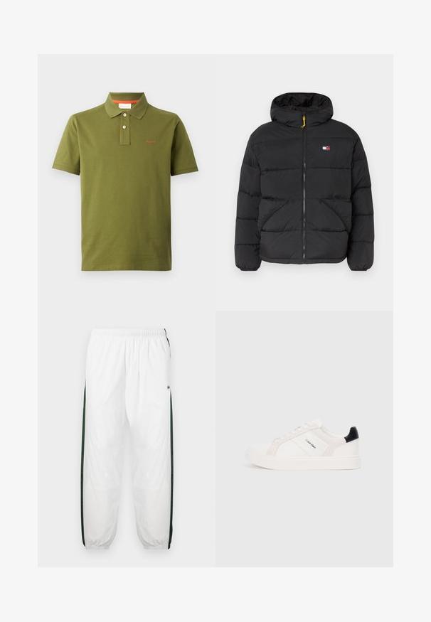 Zwarte geïsoleerde pufferjack met een capuchon, voorzien van een ritssluiting, twee zijzakken en een klein logo-label op de borst. Gele ritssluiting accent.; Olivengroene polo shirt van katoen, voorzien van een knoopsluiting met drie knopen, korte mouwen en een geborduurd rood logo op de borst.; Witte trainingsbroek met donkergroene zijpanelen. Lichtgewicht materiaal, elastische tailleband en boordjes aan de onderkant. Heeft een meshstructuur op de zijpanelen.; Witte sneakers met lichtroze en zwarte accenten, met gladde leren en suède panelen, ronde neus en platte rubberen zool.