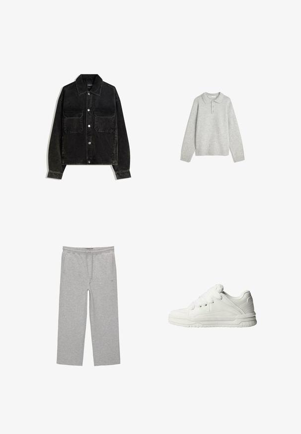 Schwarze Cordjacke mit knöpfbarem Vorderteil, zwei Brusttaschen und Kragen. Strukturiertes Gewebe mit vertikalen Rillen.; Grauer Strickpullover mit kragenähnlichem Ausschnitt, drei vorderen Knöpfen und geripptem Saum. Der Stoff wirkt weich und strukturiert und hat eine lockere Passform.; Graue Baumwoll-Loungehosen mit elastischem Bund, Kordelzug und zwei seitlichen Taschen; gerader Schnitt, weiche Textur, ohne Muster.; Weiße Sneaker mit glattem Lederobermaterial, gepolstertem Zungenbereich, flachen Schnürsenkeln und strukturierten Akzenten an den Seiten und der Ferse.