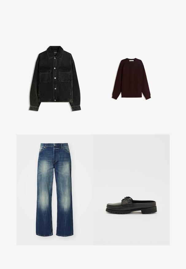 Jachetă neagră din catifea cord, cu închidere frontală cu nasturi, două buzunare la piept și guler. Material texturat cu dungi verticale.; Pulover tricotat bordeaux cu guler rotund, mâneci lungi și manșete și tiv ribbate. Dispune de un material texturat și o croială lejeră.; Weekday SPHERE LOW LOOSE - Blugi loose fit - gasoline blue; Pantofii negri din piele, cu detalii din dantelă, vârful rotunjit și talpa texturată. Au un toc ușor ridicat și un finisaj lucios.