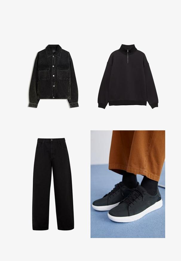 Svart kordflodjacka med knapp-up framtill, två bröstfickor och krage. Strukturerad tyg med vertikala ribbor.; Svart fleecetröja med hög ribbad krage, halvdragkedja och sänkta axlar. Har en avslappnad passform samt ribbad fåll och muddar.; Svarta byxor med vida ben, tillverkade av denim, med framfickor, en knappstängning och en ren, minimalistisk design utan synliga mönster.; Svarta mockaskor med vita gummisålar, med snörning, texturerade detaljer och subtil branding, kombinerade med bruna byxor.