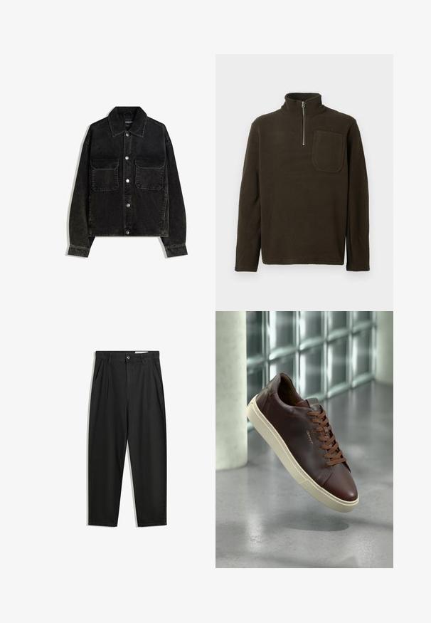 Giacca in velluto nero con chiusura a bottoni, due tasche sul petto e colletto. Tessuto testurizzato con righe verticali.; Pullover in pile marrone con colletto alto, zip a metà e tasca sul petto. Tessuto morbido e vestibilità rilassata, con maniche lunghe.; Pantaloni in cotone neri con una vestibilità rilassata, dotati di una vita classica, pieghe frontali e tasche laterali. Tessuto liscio senza fantasie.; Sneaker in pelle marrone con punta rotonda, lacci marroni e suola in gomma beige. Presenta un branding minimale sul lato.