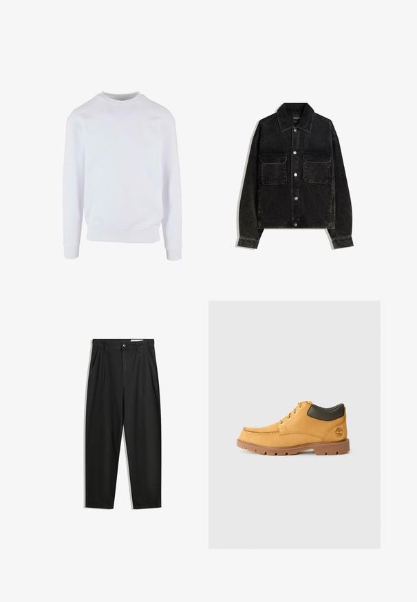 Czarna kurtka z kordurowej tkaniny z zapięciem na guziki z przodu, dwoma kieszeniami na piersi oraz kołnierzem. Teksturowany materiał z pionowymi prążkami.; Biała bluza z okrągłym dekoltem, prążkowanymi ściągaczami i prostym wzorem. Wykonana z miękkiego, lekkiego materiału.; Czarne bawełniane spodnie o luźnym kroju, z klasycznym pasem, przednimi plisy oraz bocznymi kieszeniami. Gładka struktura, bez wzorów.; Żółty skórzany but z brązową gumową podeszwą, okrągłym czubkiem i zielonym skórzanym detalem w okolicy kostki. Posiada złote oczka i akcenty nitkowe.