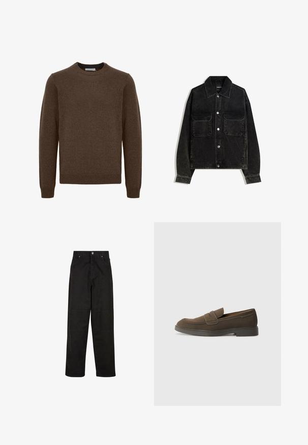 Crna kord jakna s gumbima sprijeda, dva džepa na prsima i ovratnikom. Tekstuirani materijal s vertikalnim trakama.; Smeđi pleteni pulover s okruglim izrezom, dugim rukavima, rebrastim manžetama i donjim rubom. Izrađen od mekog, teksturiranog materijala. Nema vidljivih uzoraka ili naglasaka.; Crne široke hlače od pamuka s glatkom teksturom, s dva prednja džepa, kopčanjem na dugme i ravnim krojem.; Smeđi antilop mokasini s округлим nosom, trakom preko gornjeg dela, i ravnim gumiranim đonom. Jednostavan dizajn s čistim linijama i minimalnim detaljima.