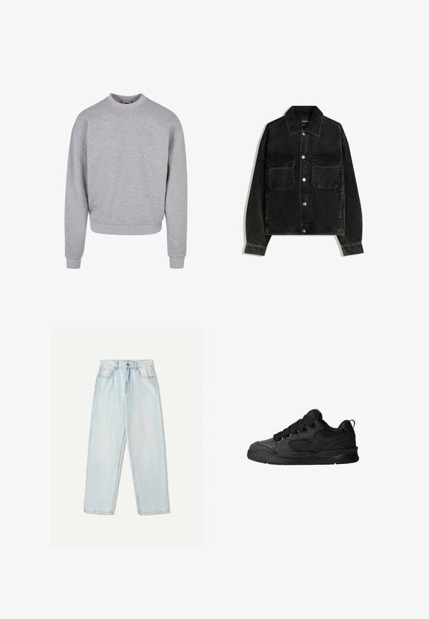 Črna kordna jakna z gumbnico spredaj, dvema žepoma na prsih in ovratnikom. Teksturen material z vertikalnimi rebrami.; Siva dukserica s okruglim izrezom, dugim rukavima i rebrastim manžetama. Napravljena od mekog, teksturiranog materijala, s opuštenim krojem.; Svjetloplave traperice s ležernim krojem, ravnim nogavicama, dizajnom s pet džepova i suptilnim izblijedjenjem na tkanini.; Črne superge z teksturiranim zgornjim delom, opremljene z vezalkami, mrežastimi dodatki za zračnost, oblazinjenim ovratnikom in trdnim podplatom.